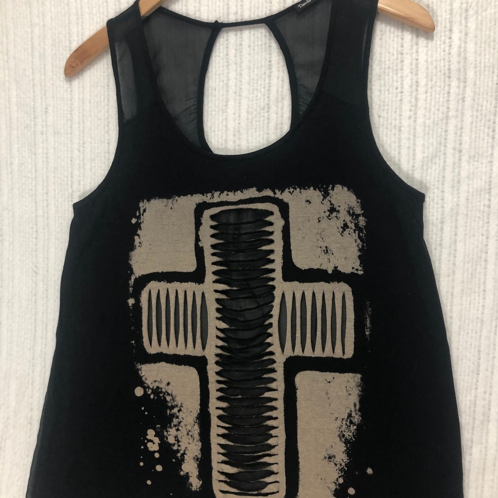 Double Zero Black Tank Top Cross Graphic Sleeveless Casual Top Size M‎